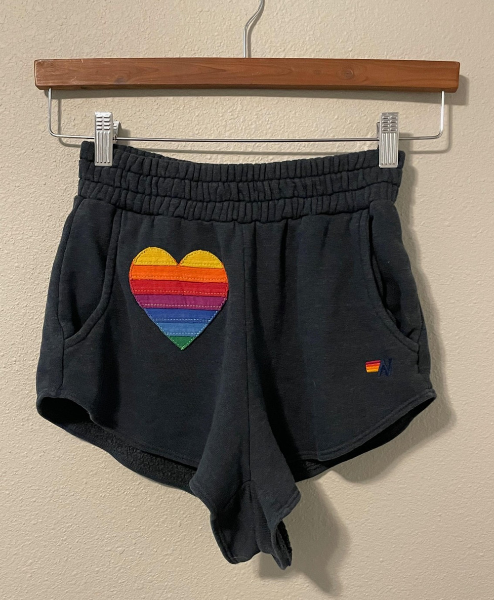 Aviator Nation Sweat Shorts Womens XS Black Fleece Rainbow Heart Pride Lounge